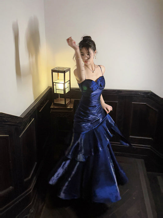 Navy Blue Layered Long Prom Dress Ruffle Formal Party Gown  P251