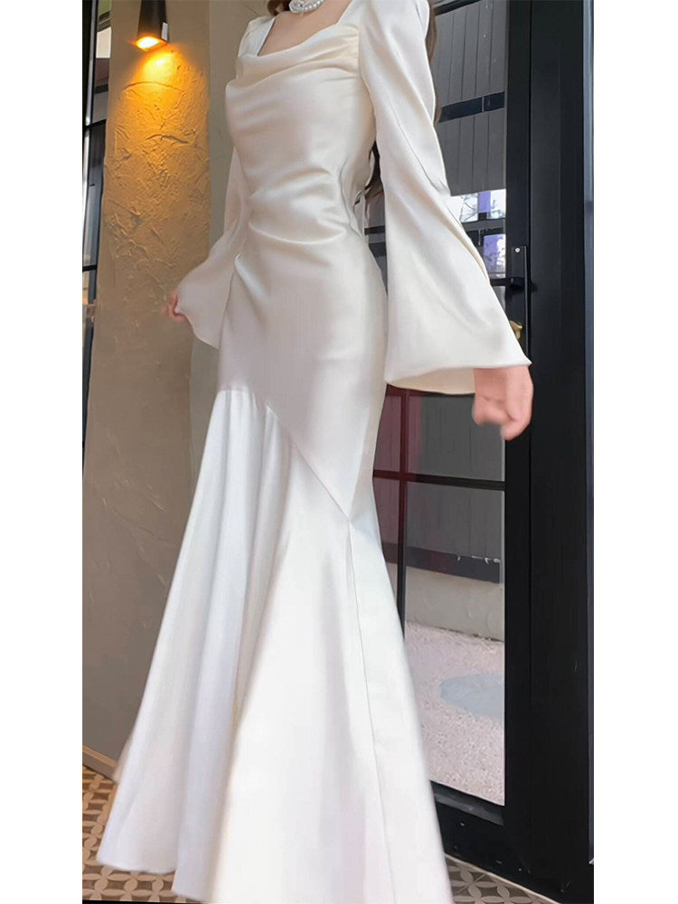 Long Sleeved Elegant Evening Dress Mermaid Simple Wedding Dress For Bridal  P252