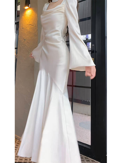 Long Sleeved Elegant Evening Dress Mermaid Simple Wedding Dress For Bridal  P252
