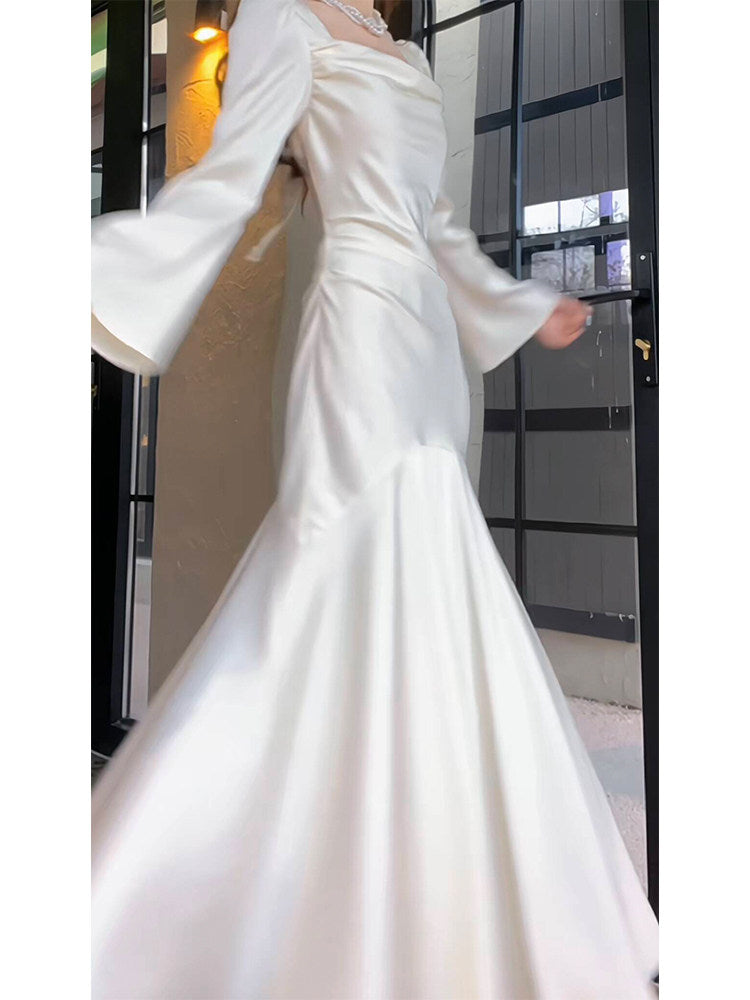 Long Sleeved Elegant Evening Dress Mermaid Simple Wedding Dress For Bridal  P252