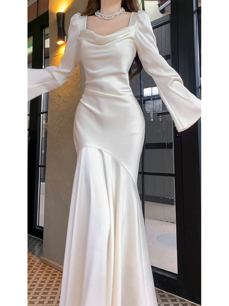 Long Sleeved Elegant Evening Dress Mermaid Simple Wedding Dress For Bridal  P252