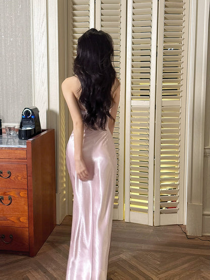 Halter Pink Satin Evening Dress Formal Wedding Guest Dress  P253