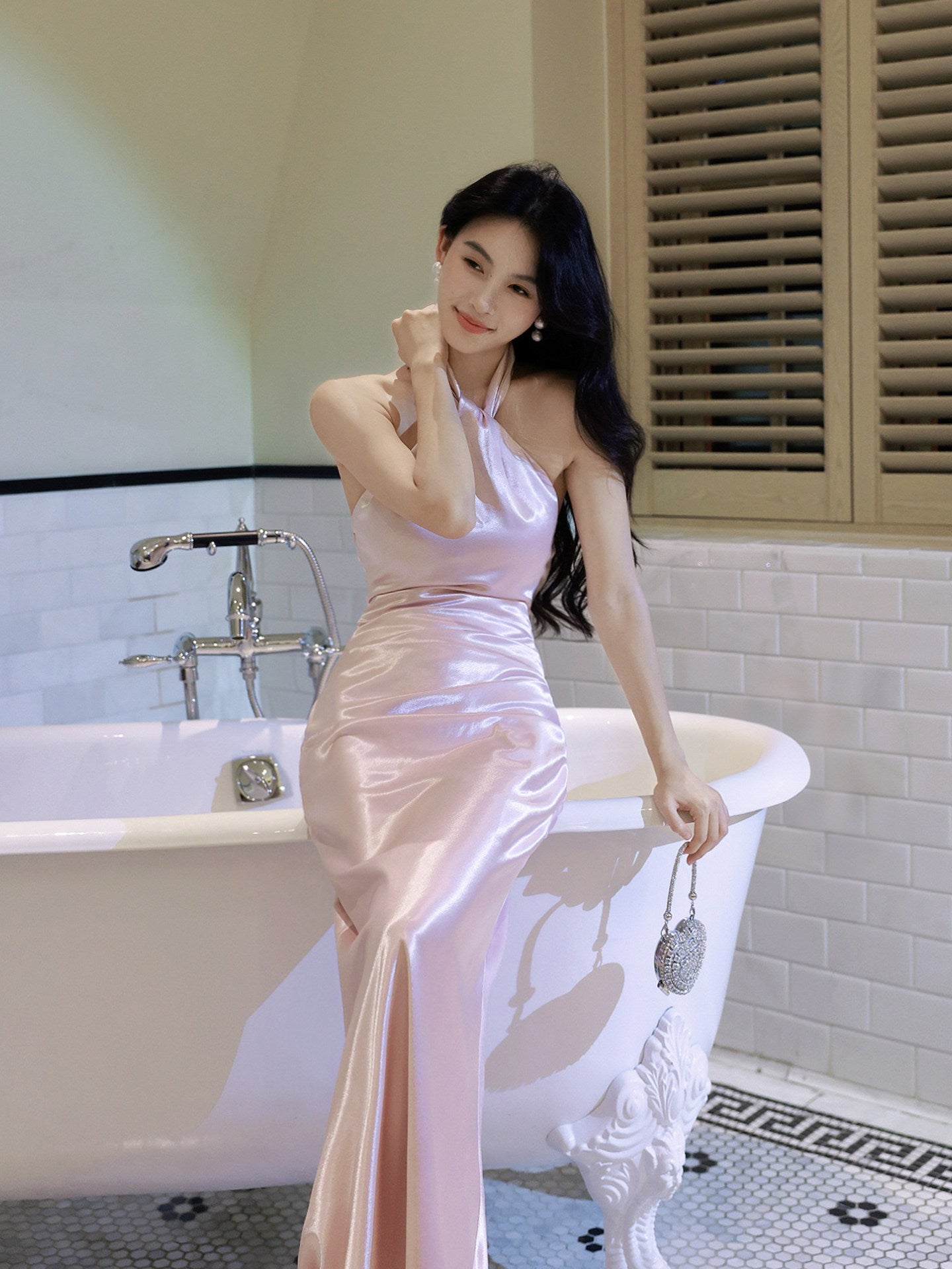Halter Pink Satin Evening Dress Formal Wedding Guest Dress  P253