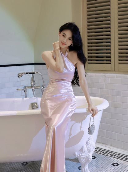 Halter Pink Satin Evening Dress Formal Wedding Guest Dress  P253