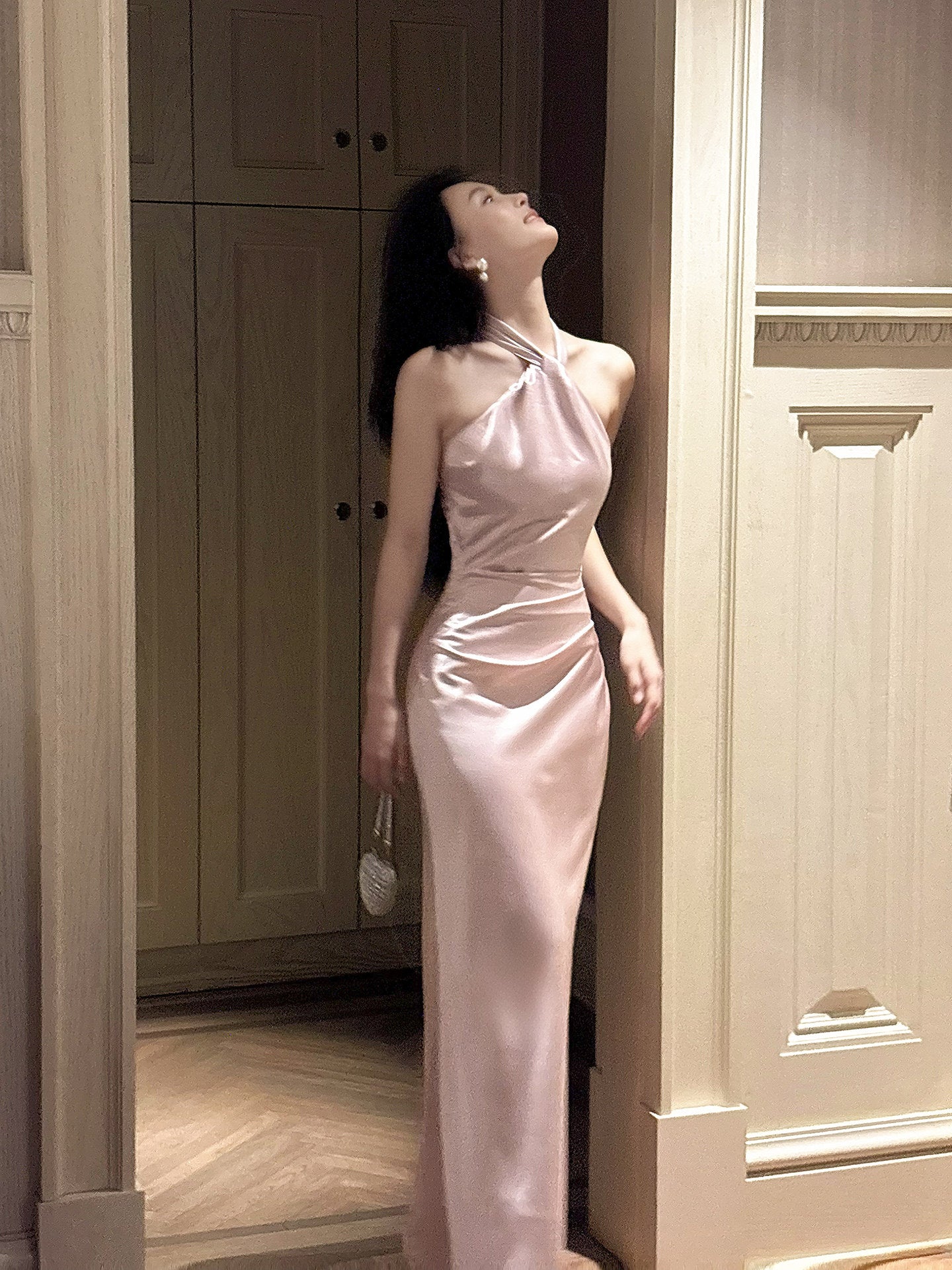 Halter Pink Satin Evening Dress Formal Wedding Guest Dress  P253