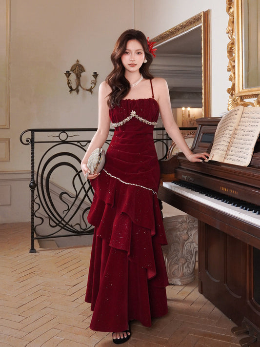 Burgundy Velvet Ruffle Prom Dress Shiny Layered Birthday Dress Evening Gowns  P254