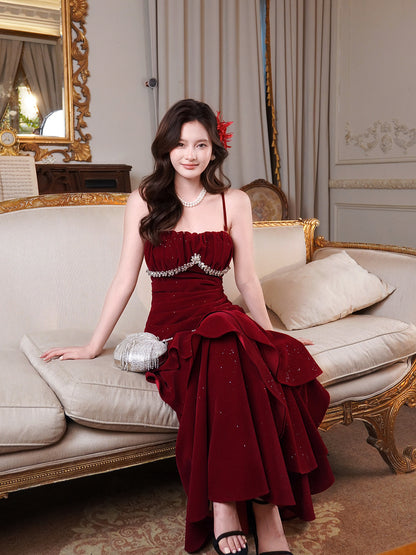 Burgundy Velvet Ruffle Prom Dress Shiny Layered Birthday Dress Evening Gowns  P254