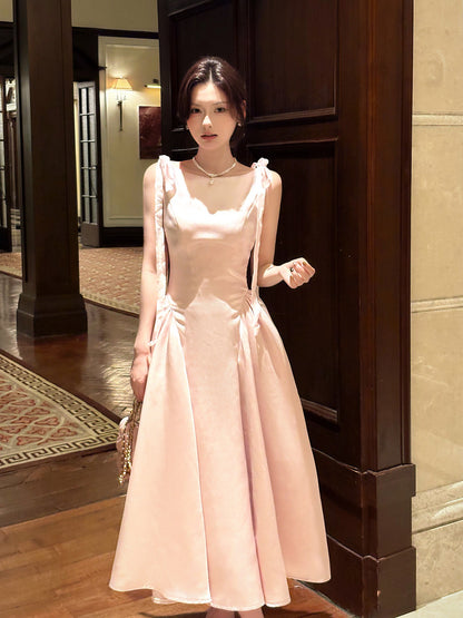 A Line Pink Satin Prom Dress Sweet Simple Birthday Dress  P258