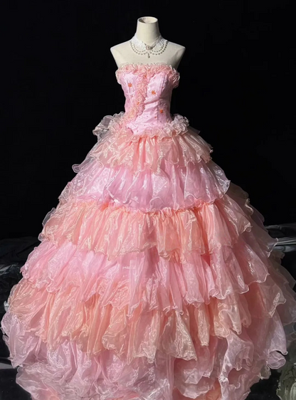 Strapless Pink Layered Sweet 16 Birthday Ball Gown Quinceanera Dresses  P260