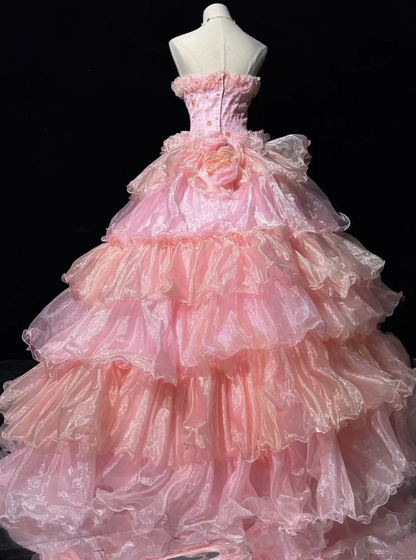 Strapless Pink Layered Sweet 16 Birthday Ball Gown Quinceanera Dresses  P260