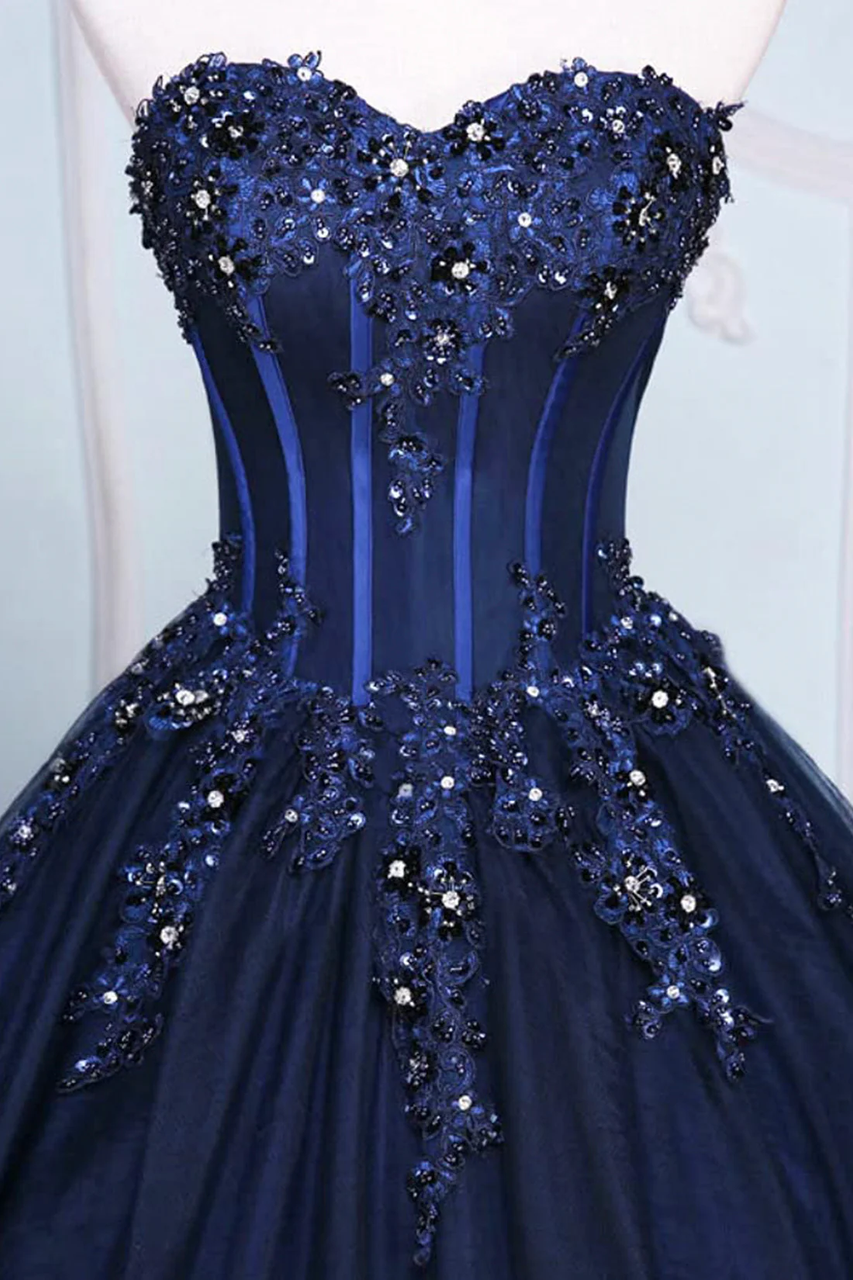 Sweetheart Navy Blue Beaded Applique Tulle Prom Dress  P261