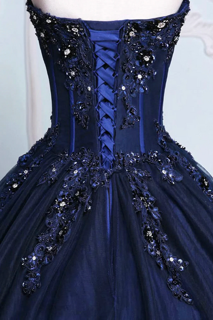 Sweetheart Navy Blue Beaded Applique Tulle Prom Dress  P261