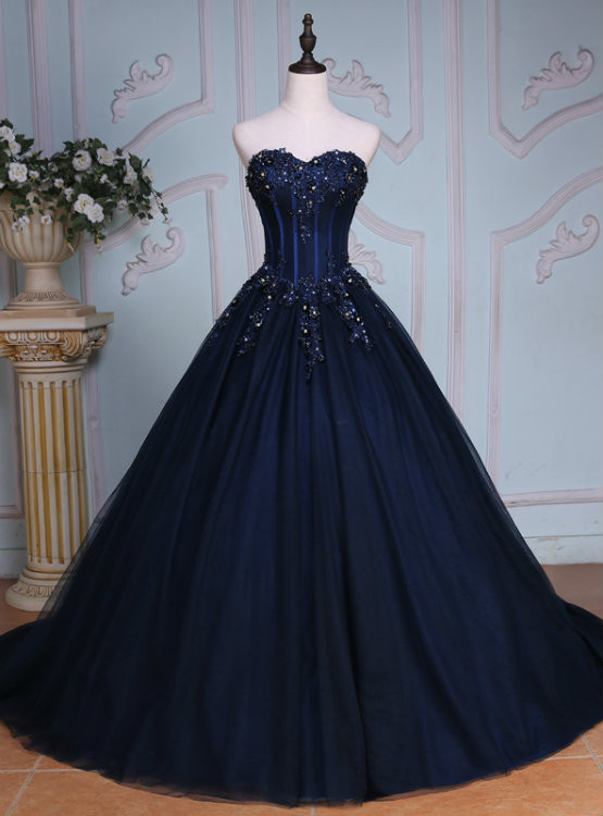 Sweetheart Navy Blue Beaded Applique Tulle Prom Dress  P261