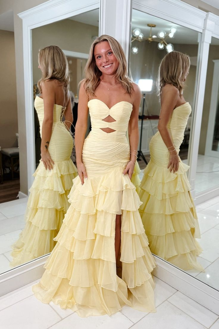 Strapless Yellow Pleated Tiered Long Dress with Slit  P263