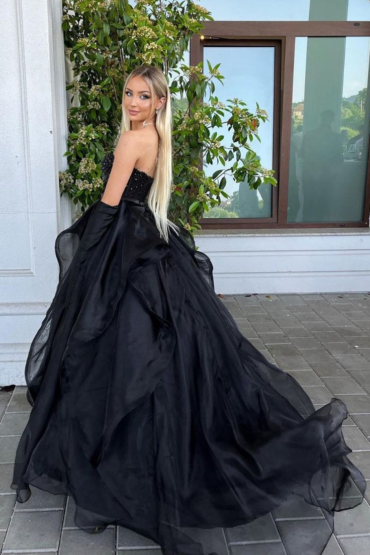 A Line Sweetheart Black Long Prom Dress With Beading   P268