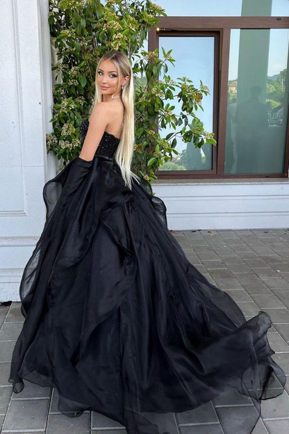 A Line Sweetheart Black Long Prom Dress With Beading   P268