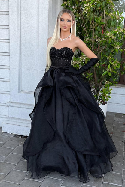 A Line Sweetheart Black Long Prom Dress With Beading   P268