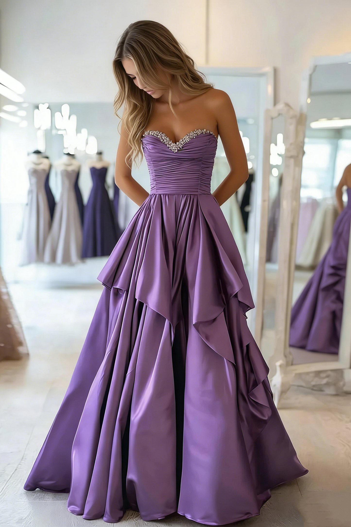 Sweetheart Purple Satin Long Prom Dress Beaded A-Line Evening Gown   P270