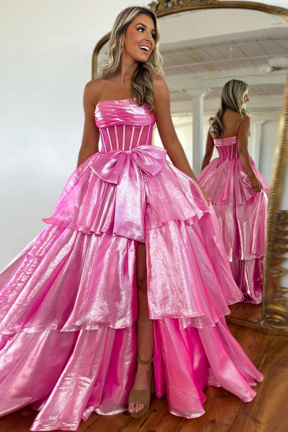 Strapless Layered Pink Prom Dress Long Formal Dress With Bow   P271
