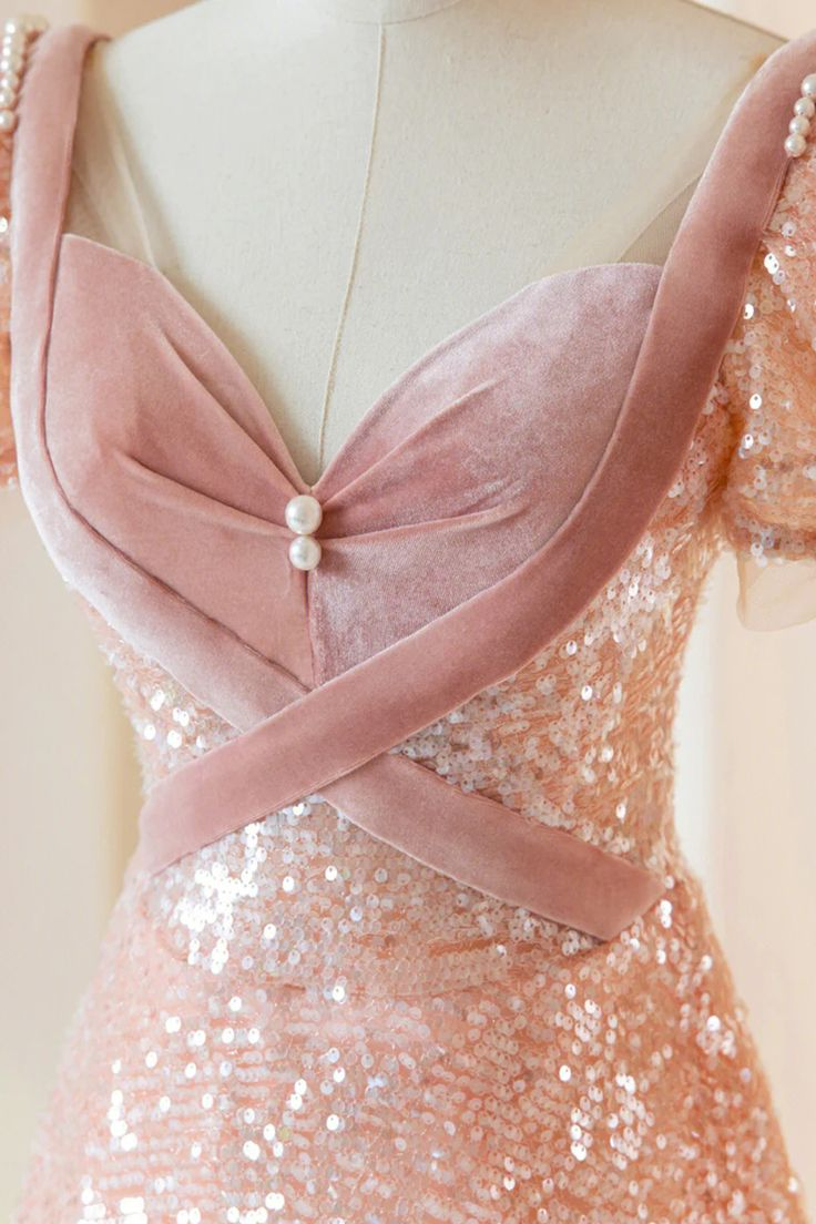 Short Sleeve Pink Sequins Velvet Prom Dress A Line Cute Formal Dress   P272