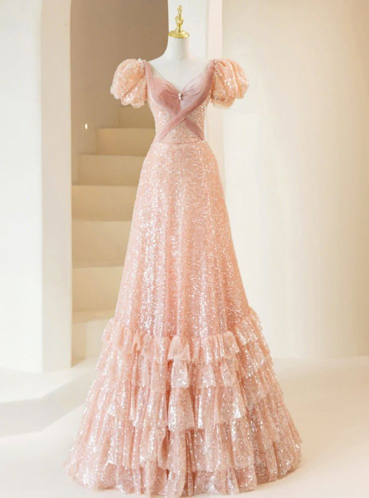 Short Sleeve Pink Sequins Velvet Prom Dress A Line Cute Formal Dress   P272