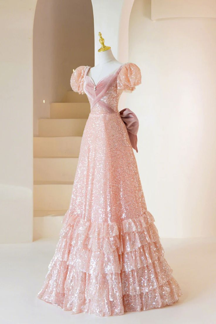Short Sleeve Pink Sequins Velvet Prom Dress A Line Cute Formal Dress   P272