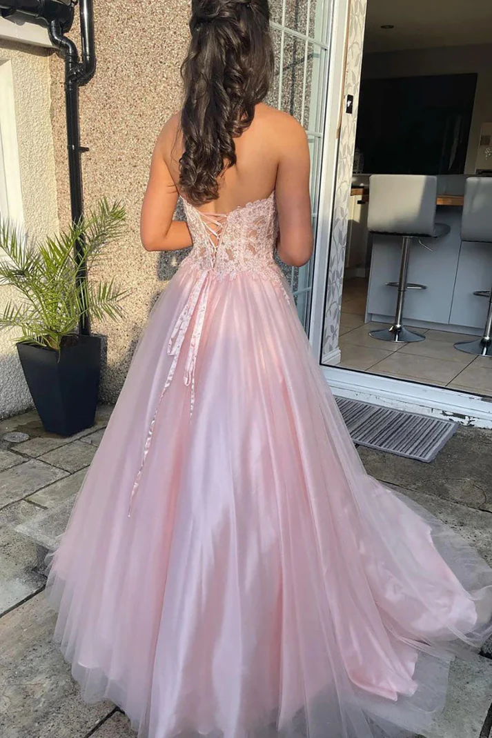 A Line Sweetheart Pink Tulle Corset Prom Dress With Appliques   P274