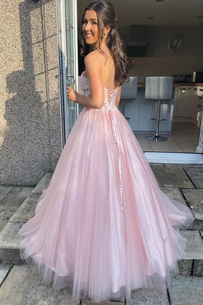 A Line Sweetheart Pink Tulle Corset Prom Dress With Appliques   P274