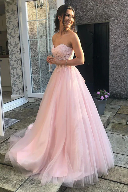 A Line Sweetheart Pink Tulle Corset Prom Dress With Appliques   P274