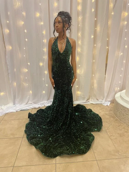 Halter Emerald Green Prom Dresses Mermaid Sequins Evening Dress   P275