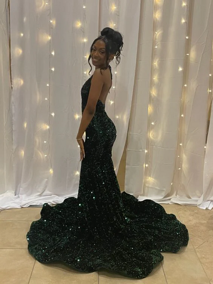 Halter Emerald Green Prom Dresses Mermaid Sequins Evening Dress   P275
