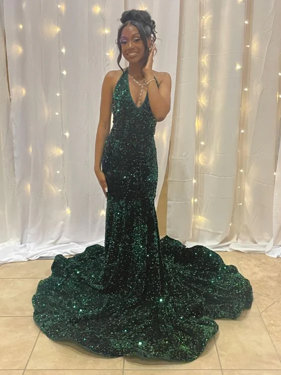 Halter Emerald Green Prom Dresses Mermaid Sequins Evening Dress   P275