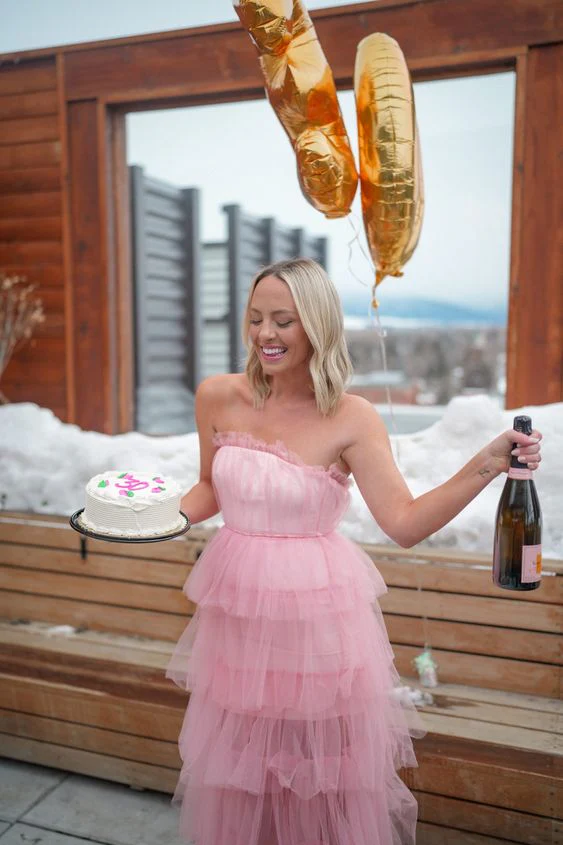 Layered Pink Tulle Prom Dress A Line Long Birthday Dress  P276