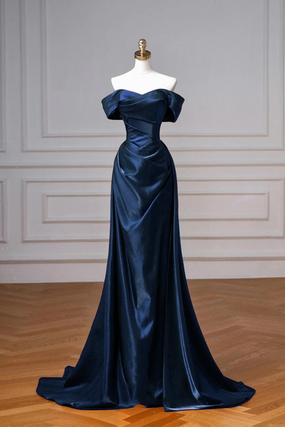 Navy Satin Long Prom Dress  Elegant Off the Shoulder Party Dress  P277