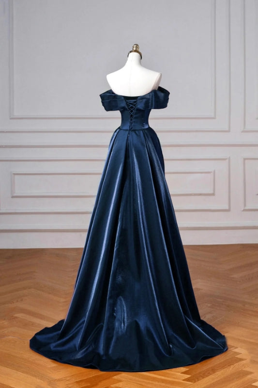 Navy Satin Long Prom Dress  Elegant Off the Shoulder Party Dress  P277