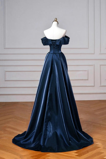 Navy Satin Long Prom Dress  Elegant Off the Shoulder Party Dress  P277