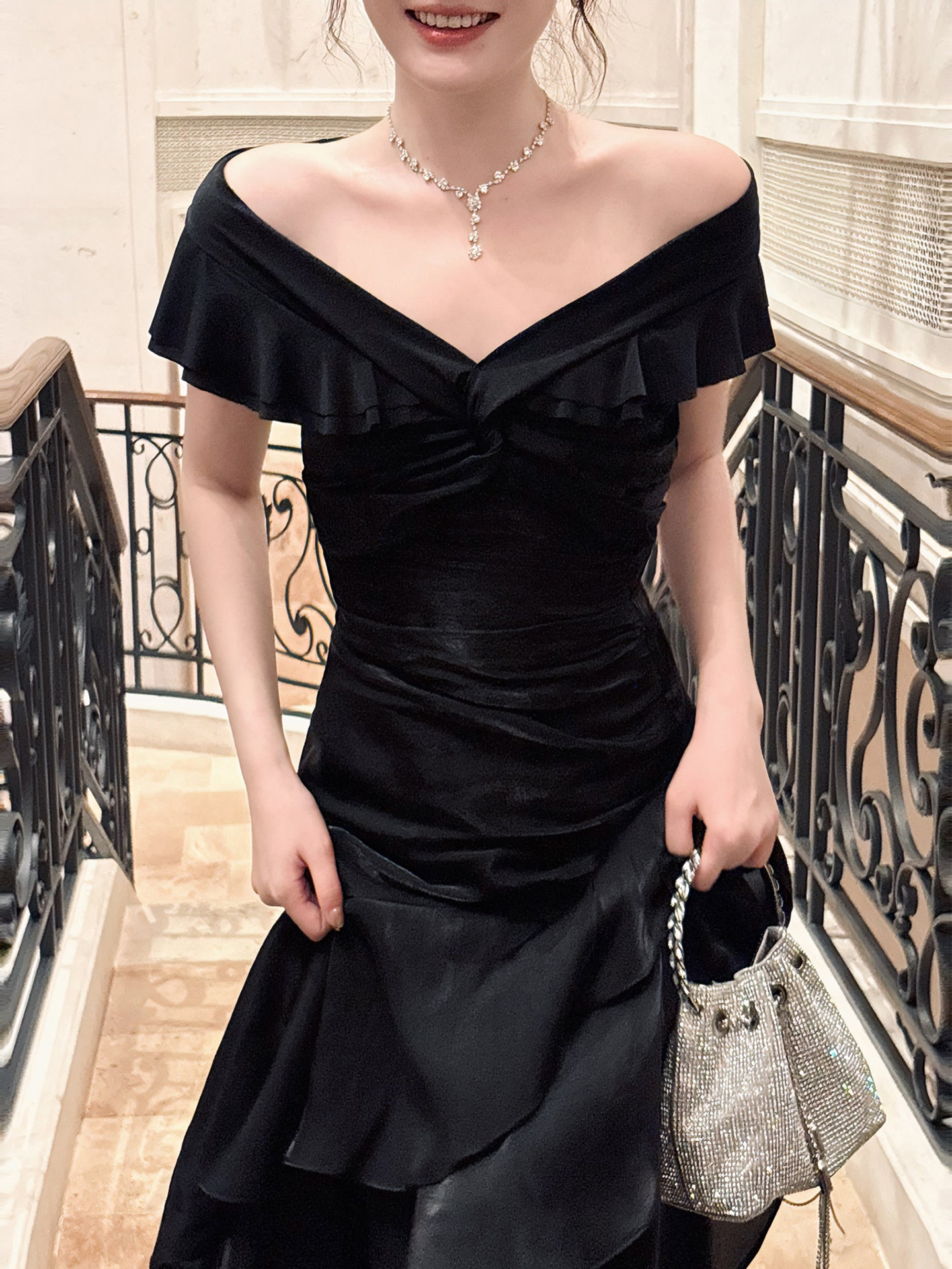 Off The Shoulder Black Layered Prom Dress Formal Party Dress  P28