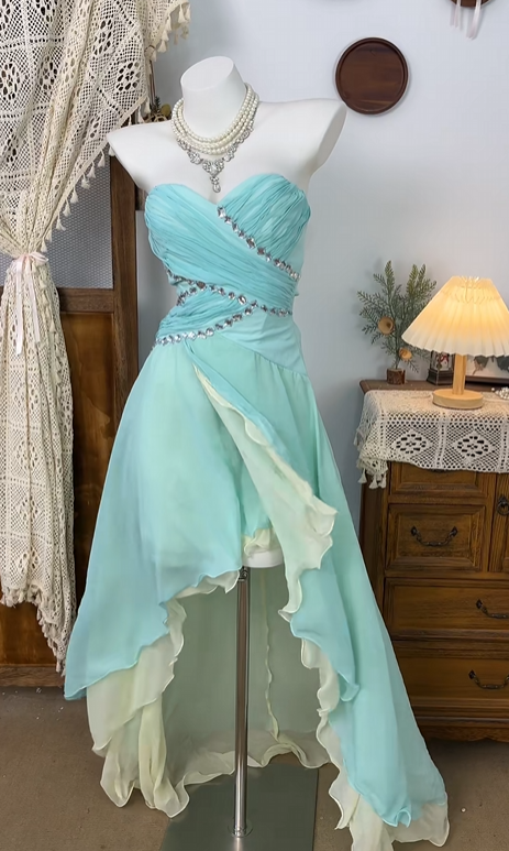 Sweetheart Blue Chiffon Prom Dress Ruffle Formal Party Dress  P280
