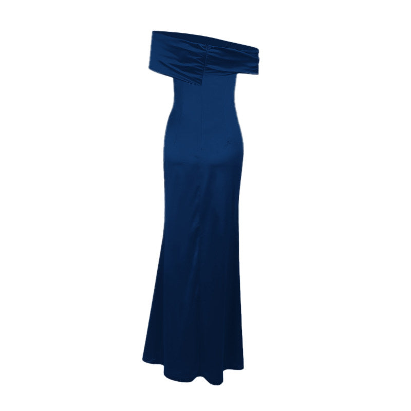 Off The Shoulder Navy Blue Prom Dress Sheath Satin Evening Dress With Slit  P281