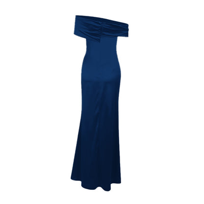 Off The Shoulder Navy Blue Prom Dress Sheath Satin Evening Dress With Slit  P281
