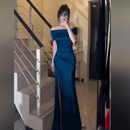Off The Shoulder Navy Blue Prom Dress Sheath Satin Evening Dress With Slit  P281