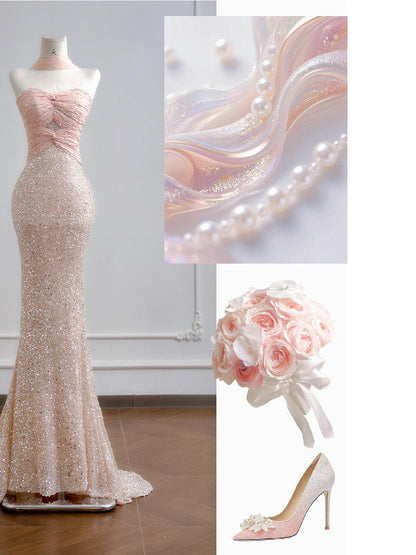 Sweetheart Pink Sequin Mermaid Prom Dress Sparkle Evening Dress  P285