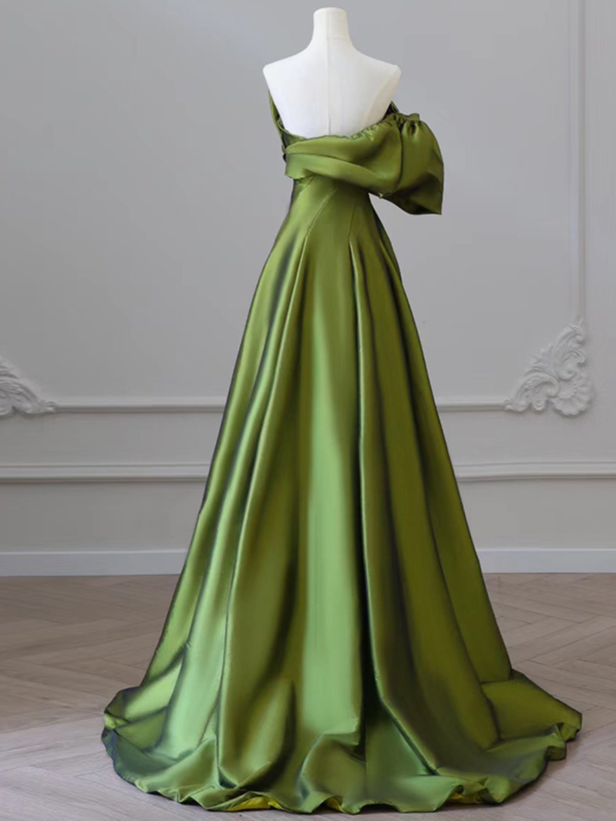 A Line Green Satin Prom Dress Elegant Formal Evening Dress  P286