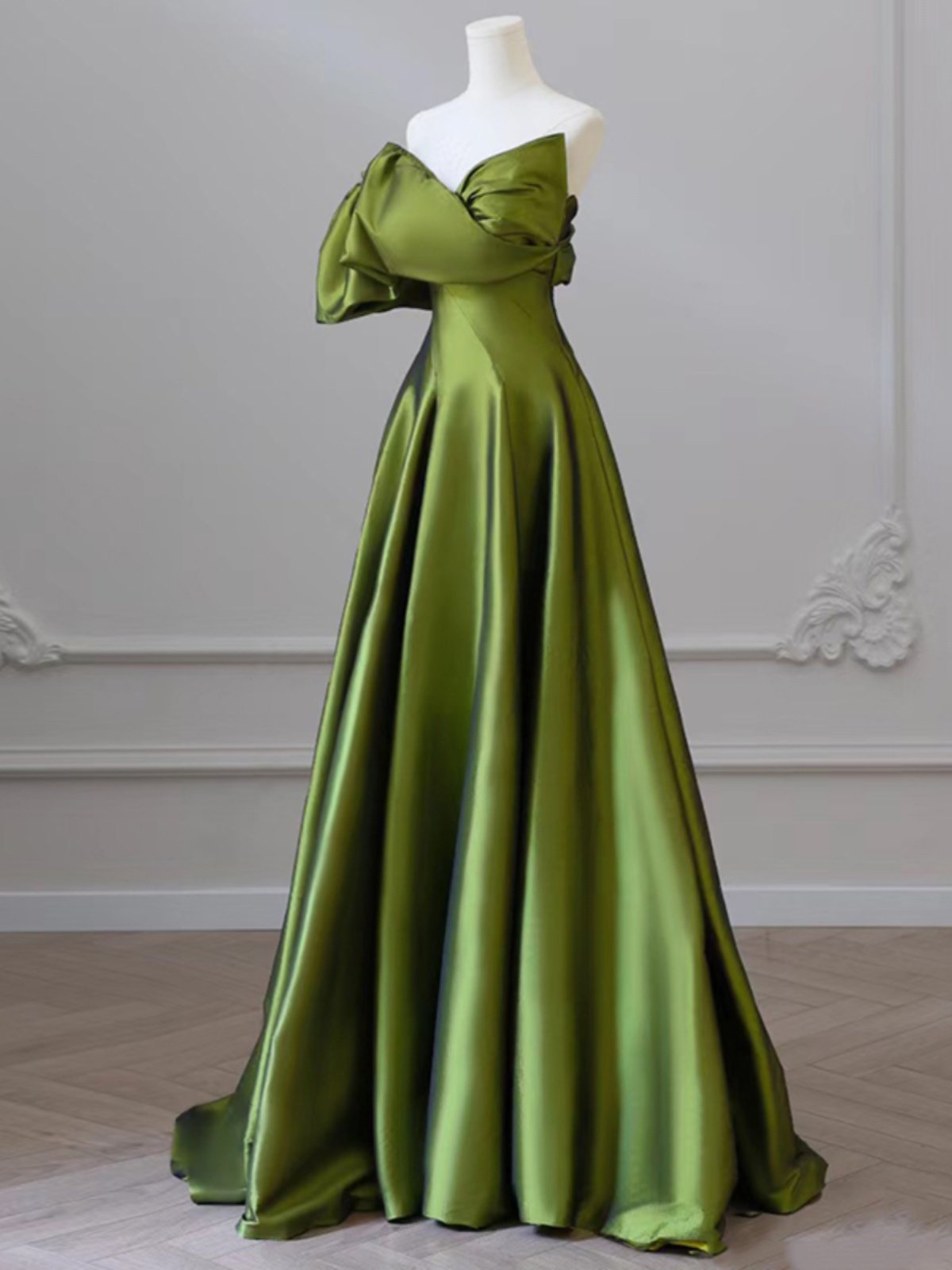 A Line Green Satin Prom Dress Elegant Formal Evening Dress  P286