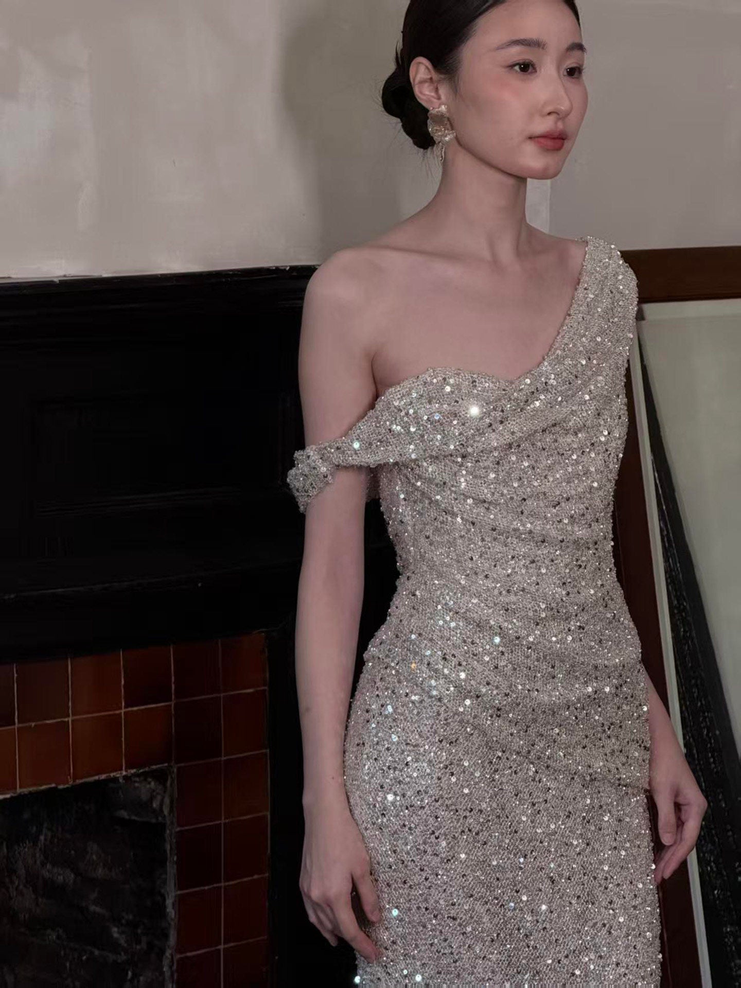 One Shoulder Silver Sequin Mermaid Prom Dress Sparkle Evening Dress  P289