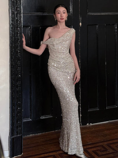 One Shoulder Silver Sequin Mermaid Prom Dress Sparkle Evening Dress  P289