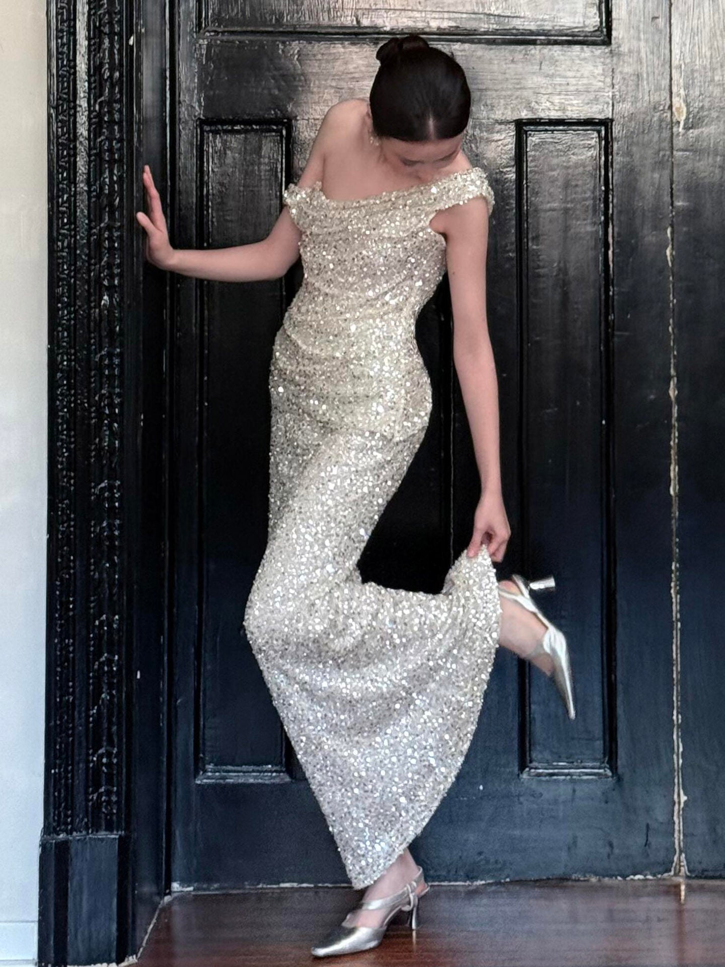 One Shoulder Silver Sequin Mermaid Prom Dress Sparkle Evening Dress  P289