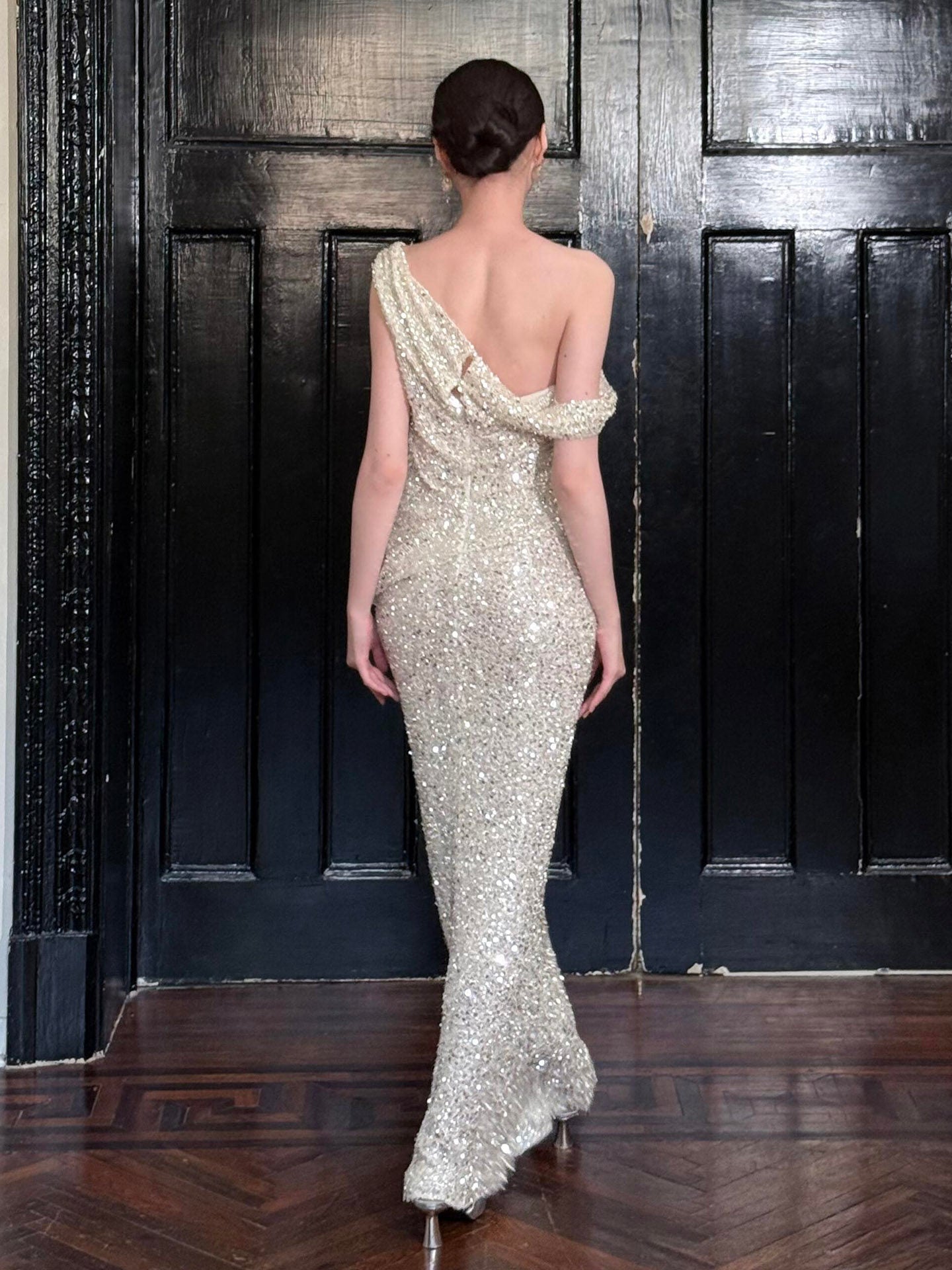 One Shoulder Silver Sequin Mermaid Prom Dress Sparkle Evening Dress  P289