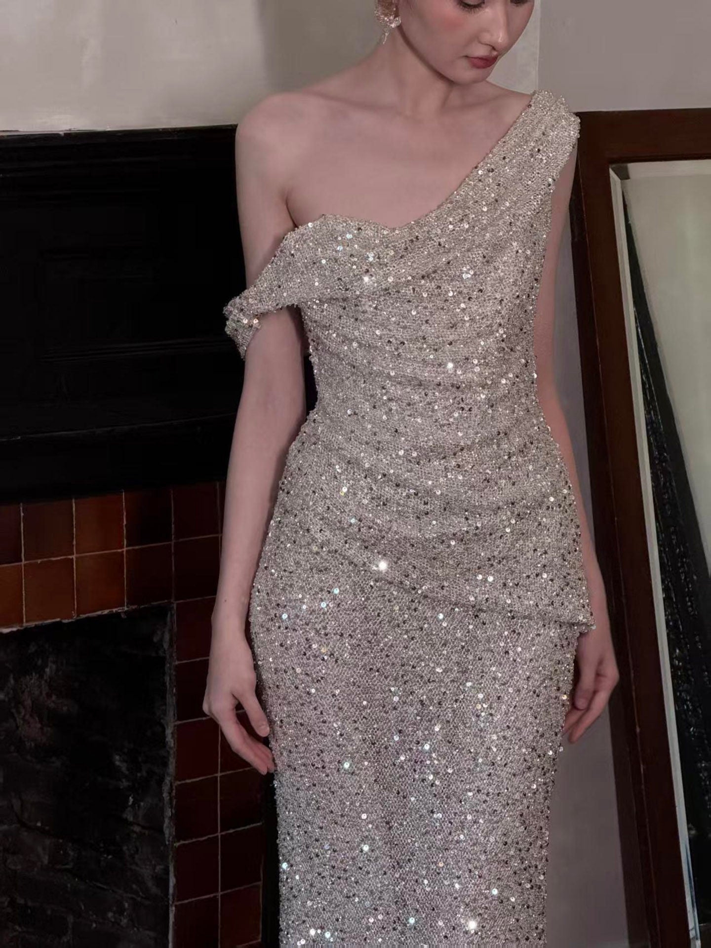 One Shoulder Silver Sequin Mermaid Prom Dress Sparkle Evening Dress  P289