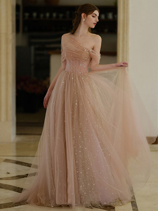 Off The Shoulder Tulle Prom Dress A Line Champagne Party Dress  P291